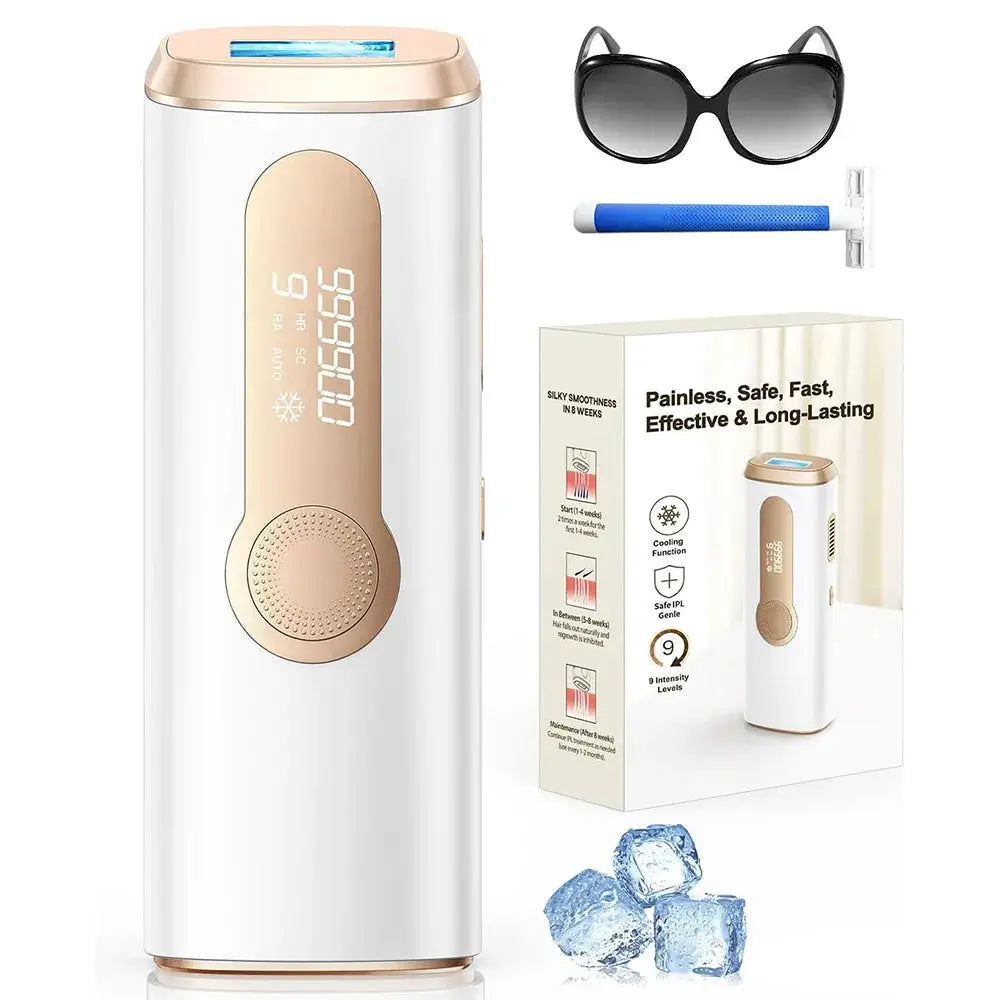 Simples Market IPL hair removal device, white with rose-gold trim, ice-cooling 3-in-1 photoepilator