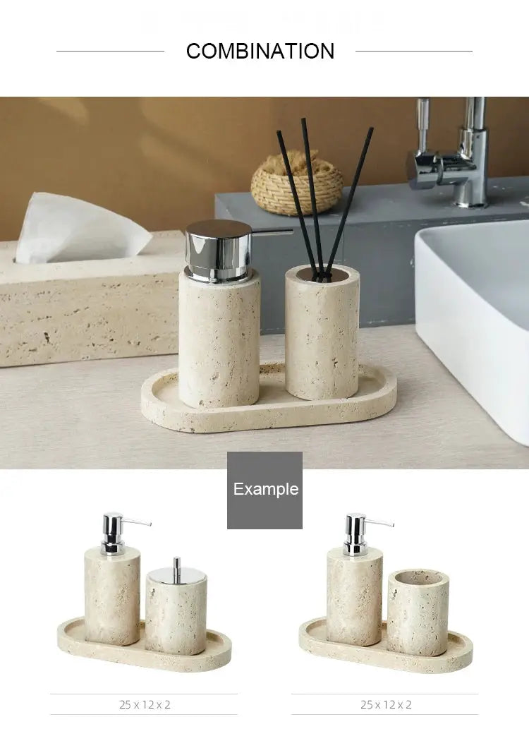 Beige travertine bathroom accessories set by Simples Market with soap dispenser, soap dish and reed diffuser on a tray
