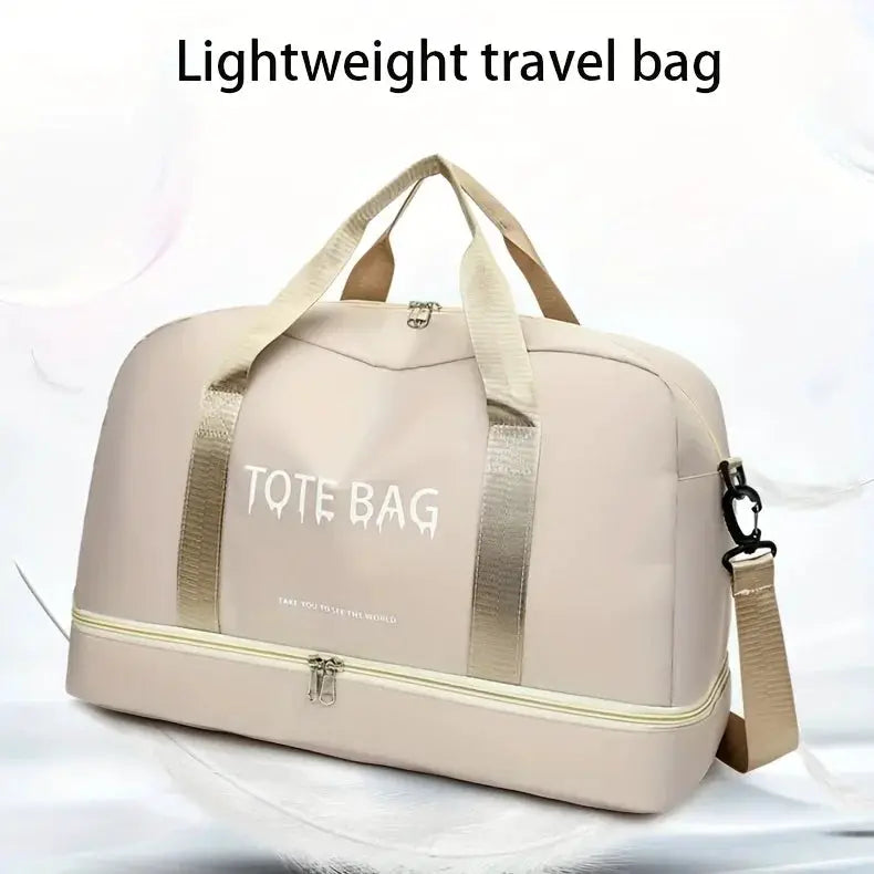 Beige nylon travel duffel bag with dual top handles and adjustable shoulder strap; large-capacity gym bag
