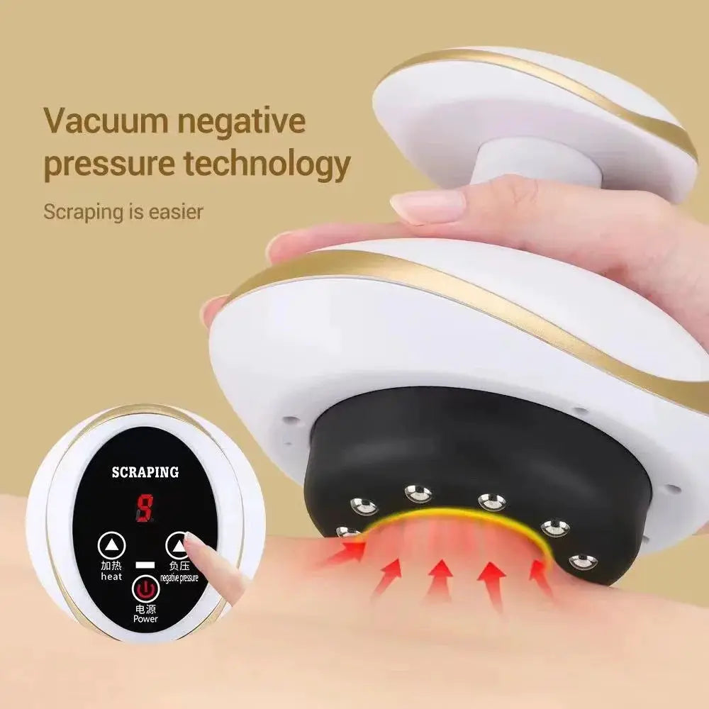 Simples Market electric cupping massager with heating, white and gold body, black suction cup, control panel visible