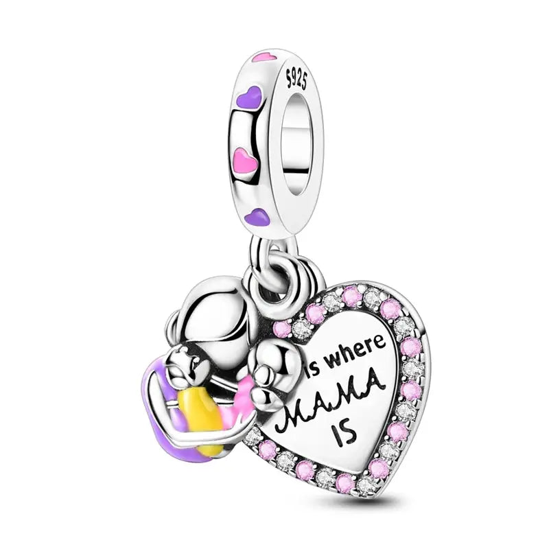 Mother's Day 925 Sterling Silver Heart Charms Beads Dangle For Bracelets Love Mom Jewelry Gift