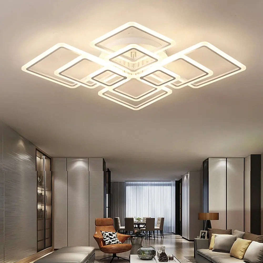 Nordic square LED ceiling pendant light by Simples Market; white LED-lit geometric chandelier for living rooms.