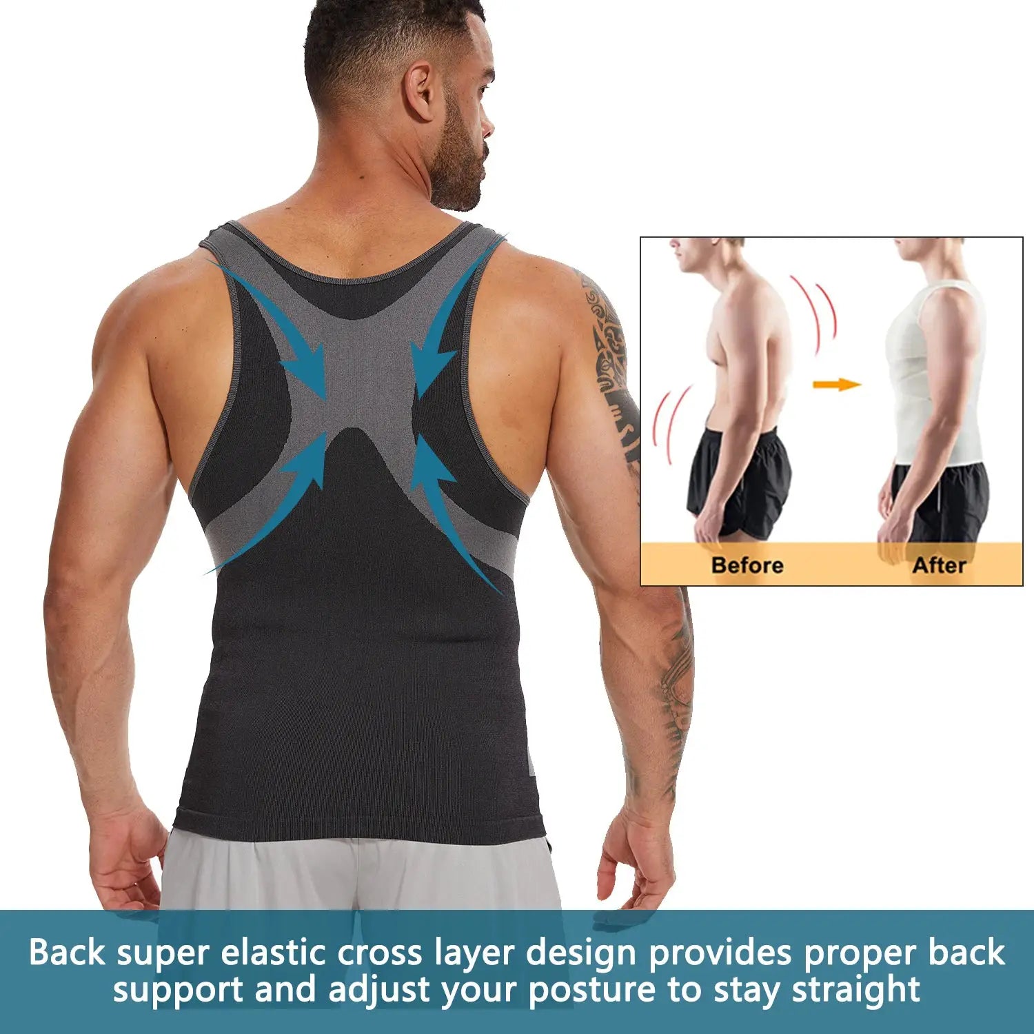 Simples Market men's slimming shapewear tank top with cross-elastic back support, black/gray