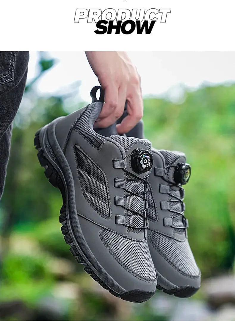 Simples Market men's hiking shoes, gray outdoor pair with rotating dial lacing