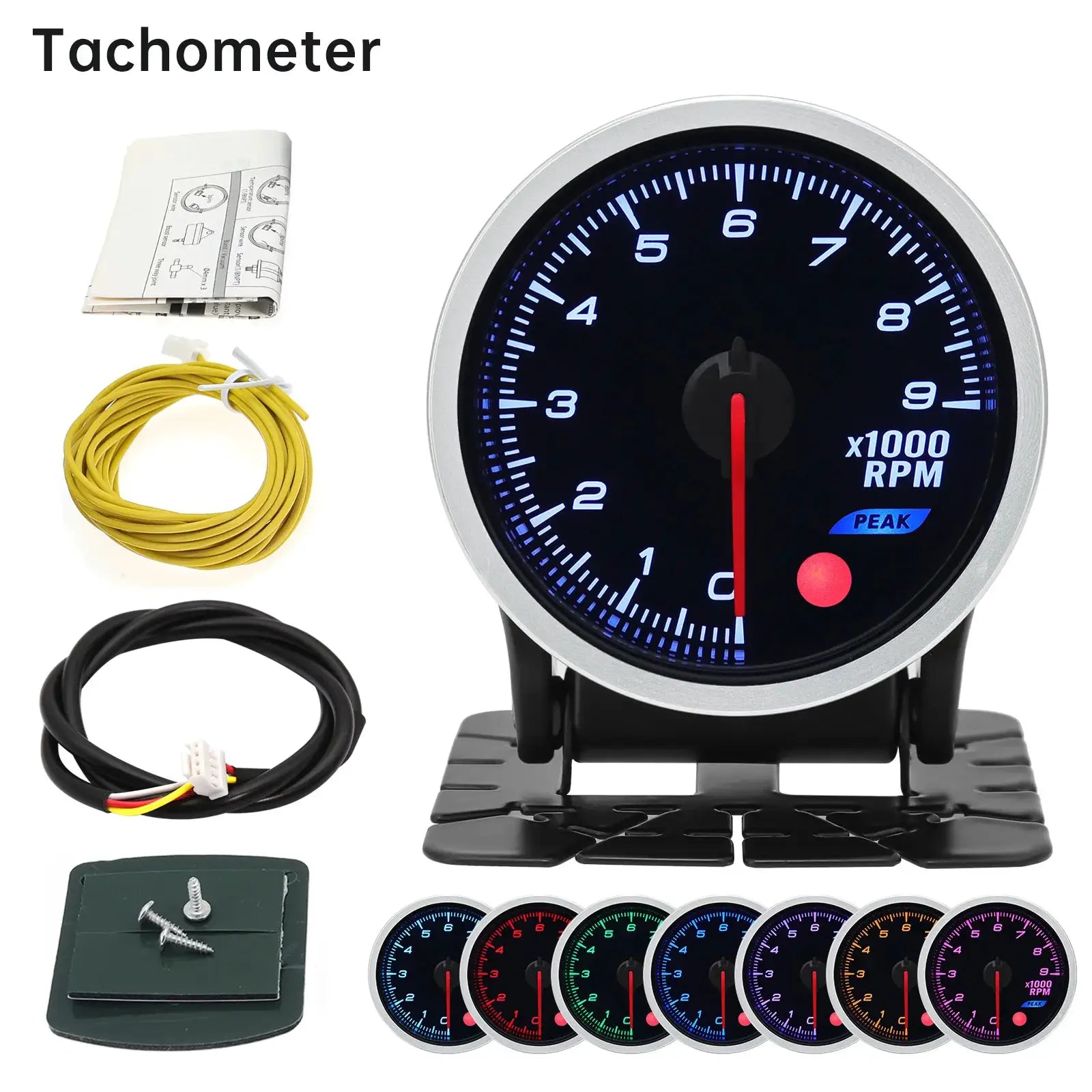 52mm universal 12V tachometer gauge with blue backlit display; includes wiring harness and 8-color options.