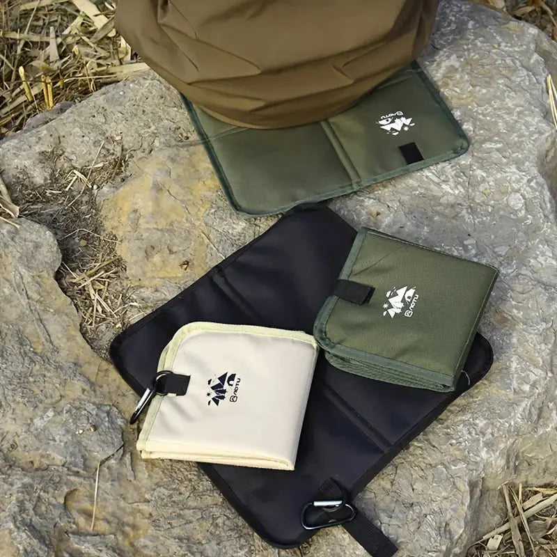 Outdoor camping foldable seat cushion by Simples Market, moisture-proof mat in beige, green, olive with logo on pouches
