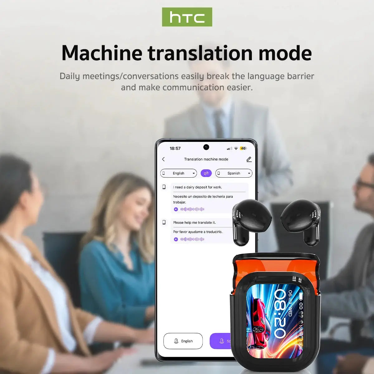 HTC NE20 translation wireless earbuds with charging case; black earbuds and orange-trim case