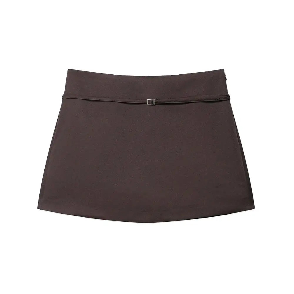 Women's brown solid skort with waist belt and side zipper for casual style