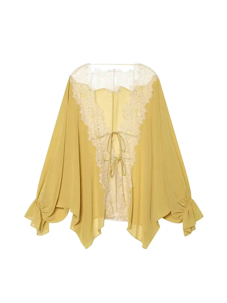 Women’s yellow lace-patchwork lantern-sleeve sheer blouse with back tie and lace trim