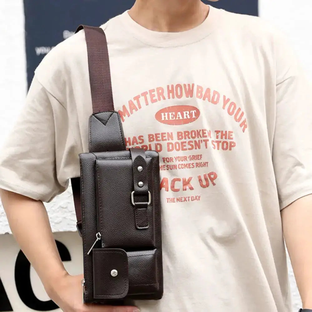 Brown leather waist bag fanny pack with front pocket and strap, Simples Market travel phone bag