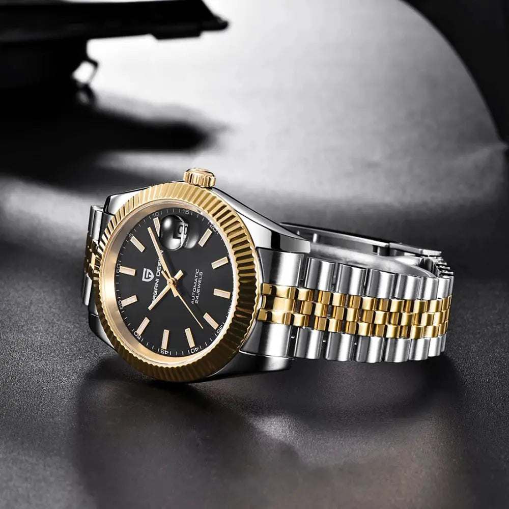 Pagani Design men's automatic watch with two-tone Jubilee bracelet and black dial, date magnifier, Japan movement
