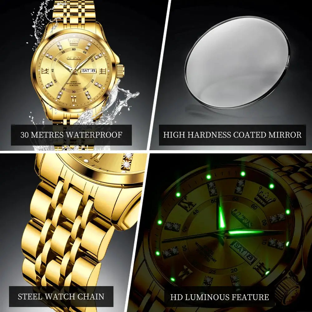 OLEVS gold-tone men's quartz watch with stainless steel band; 30m waterproof and luminous hands.