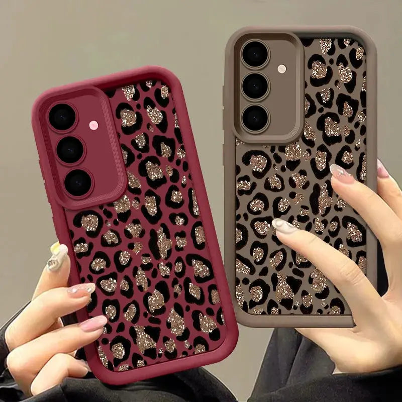 Leopard print TPU phone cases for Samsung Galaxy (2-pack; brown-beige and burgundy) with glitter spots