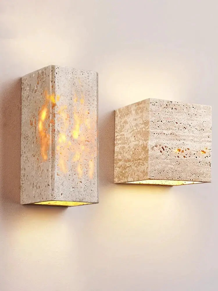 Wabi Sabi yellow marble wall lamp pair with travertine and warm LED light