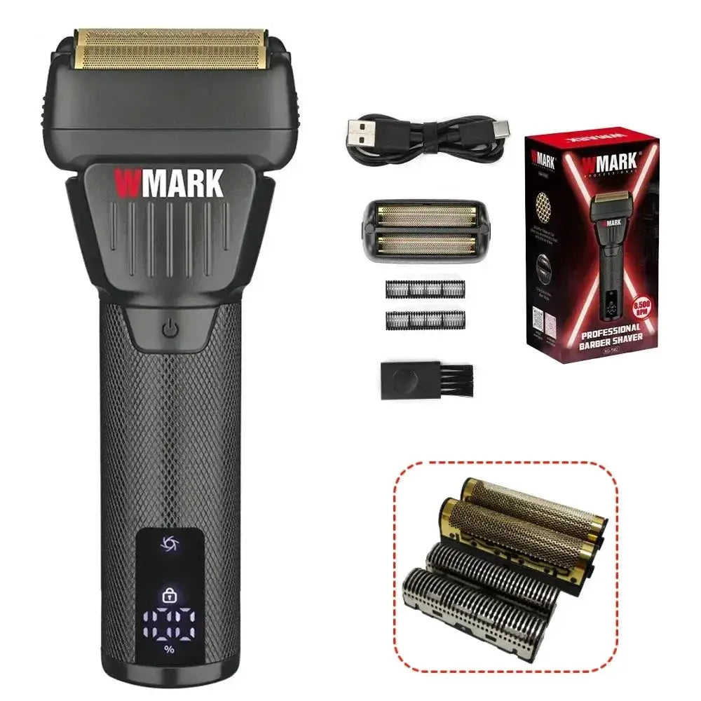 WMARK professional hair trimmer NG-7982 with titanium-plated blades and LCD display; black handle, USB charging cable
