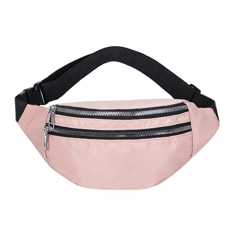 Fanny pack pink with black strap and two zip pockets; compact waist bag for outdoor use.