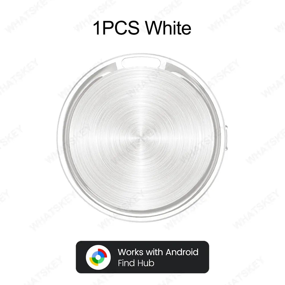 White round Bluetooth GPS tracker tag with Android Find Hub badge