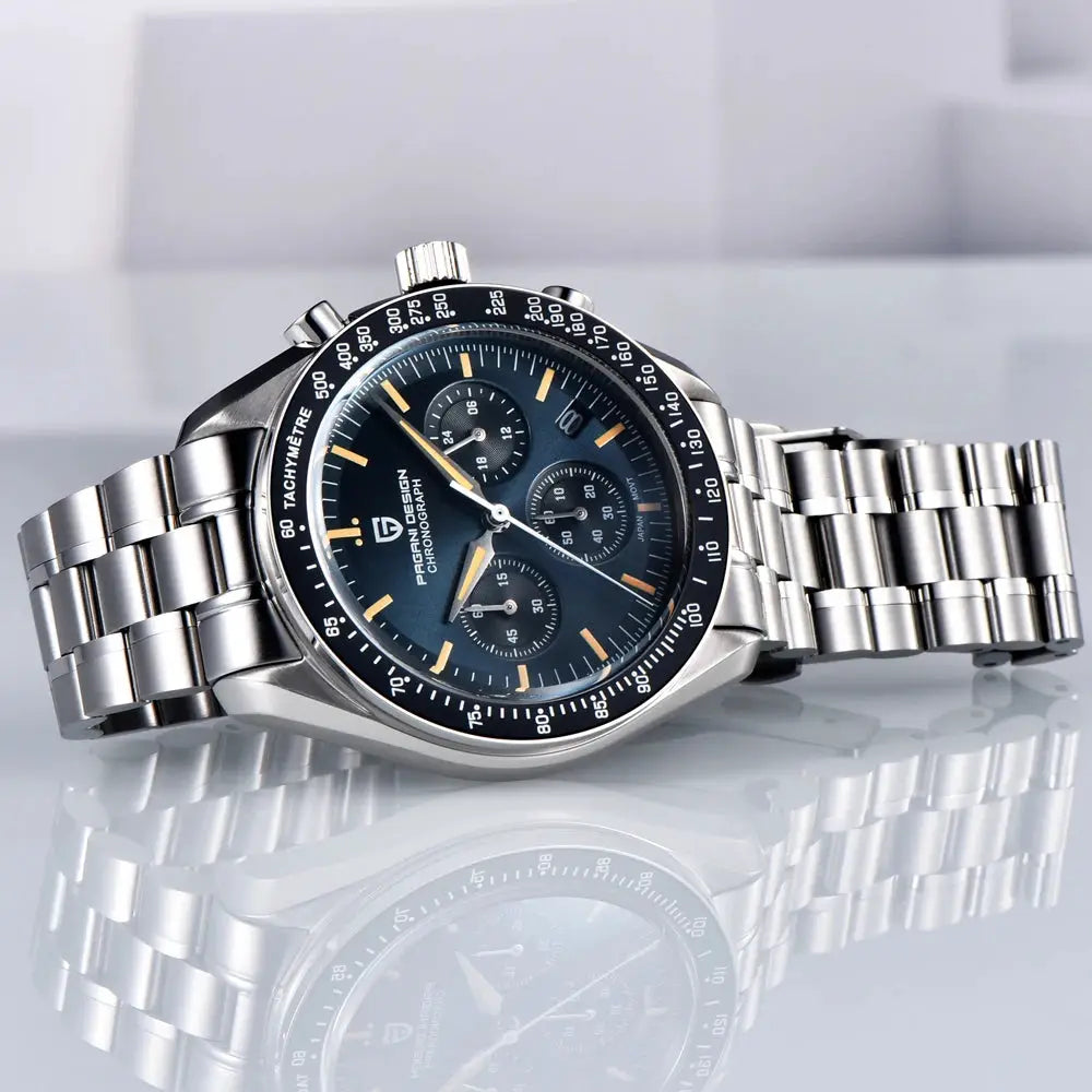 PAGANI DESIGN New Moon men's chronograph watch with stainless steel bracelet, blue dial, ceramic bezel, sapphire crystal.