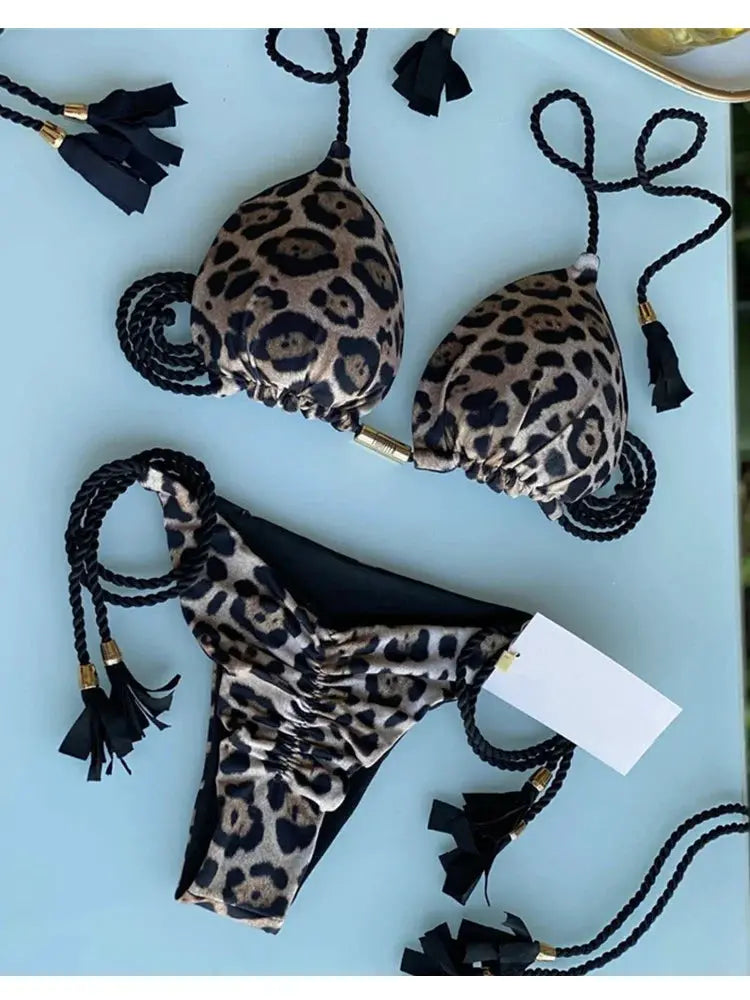 Leopard print two-piece bikini set with backless triangle top and rope-tie bottoms by Simples Market