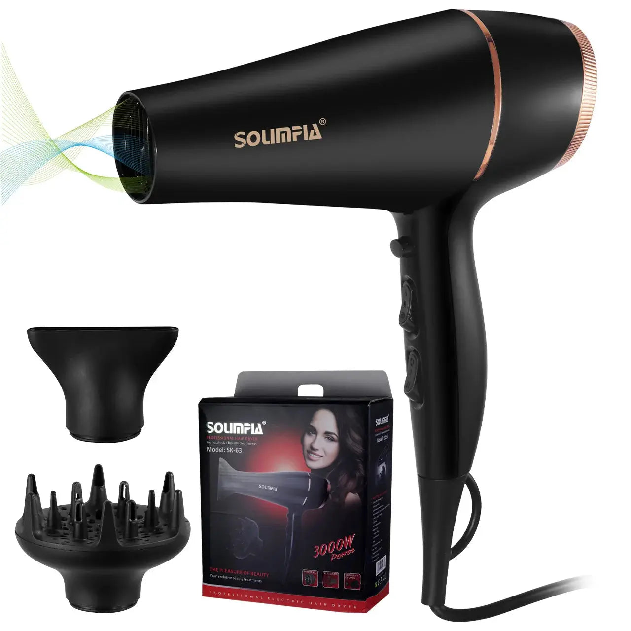 Simples Market black professional hair dryer with 6 heat levels, diffuser and bonnet attachments