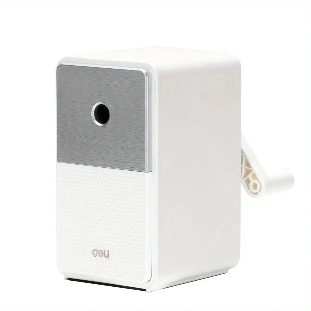 Deli adjustable pencil sharpener; white plastic body with metal front sharpening slot and hand crank