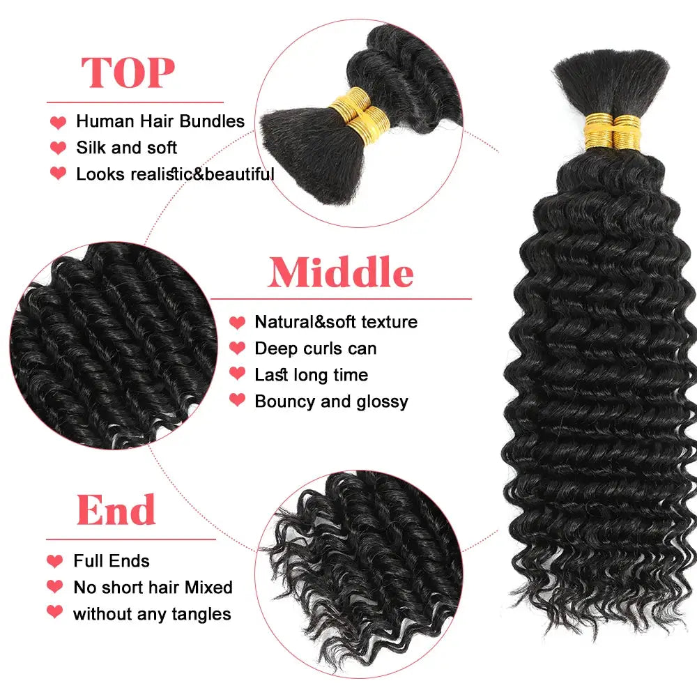 Deep wave bulk human hair bundle in black, 100g, no-weft for braiding