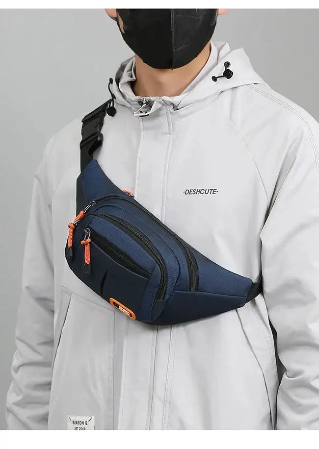 Oxford waterproof waist bag for men and women, navy with orange zipper pulls