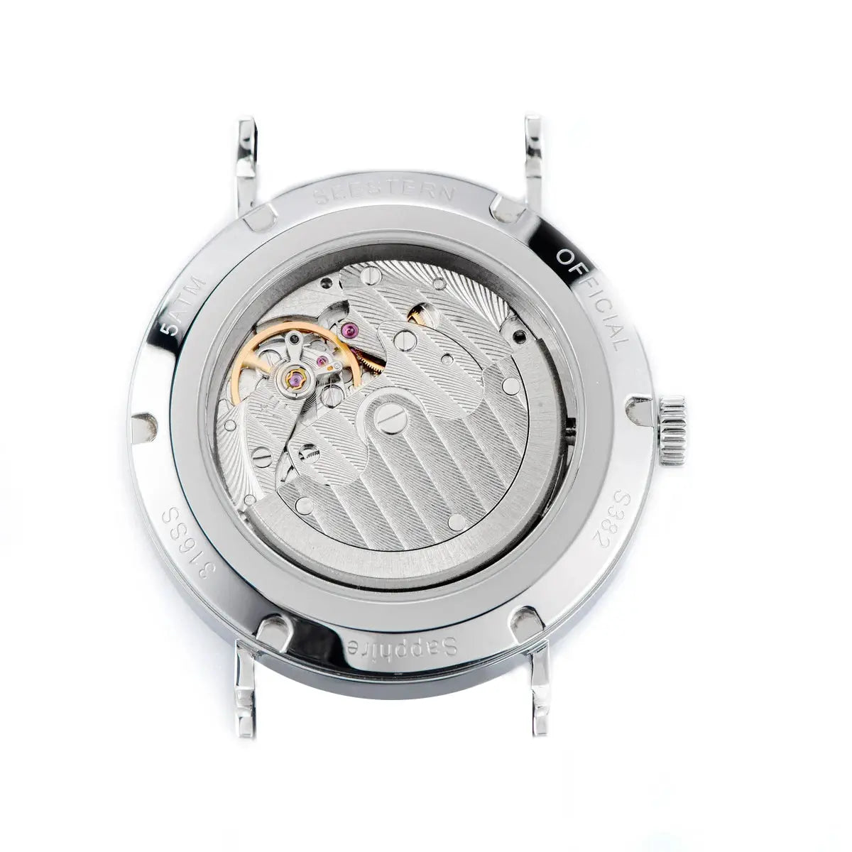 SEESTERN men's automatic wristwatch back view; stainless steel case with visible movement
