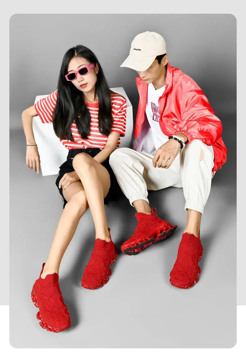 Red sneakers, casual athletic shoes; two pairs shown on models in streetwear outfits