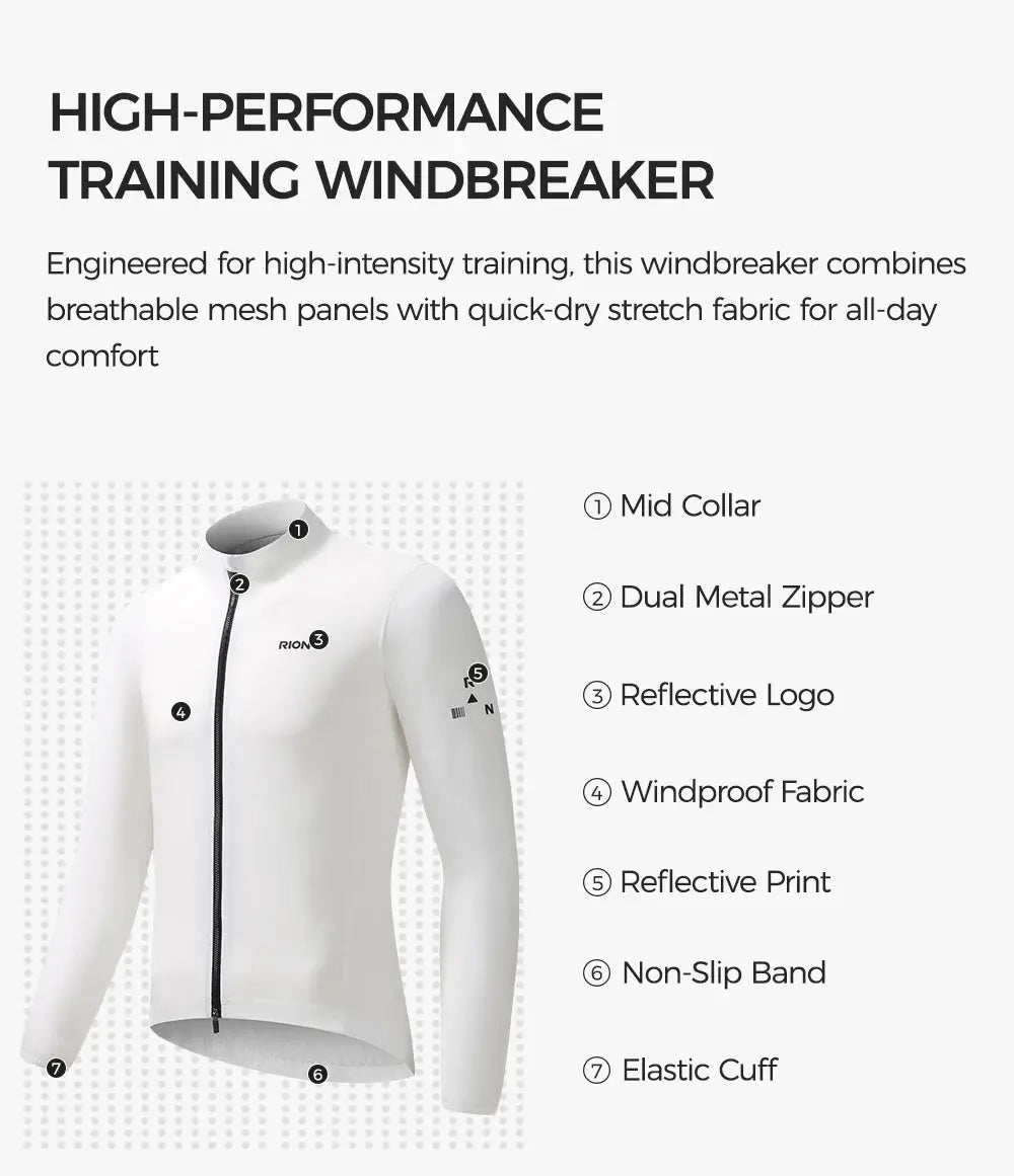 RION white windbreaker jacket with windproof fabric and reflective logo