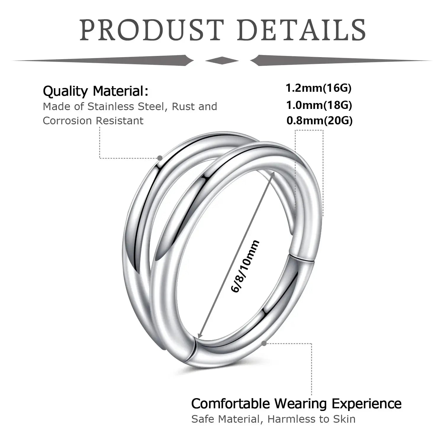 Double Septum Rings Open Nose Hoops Cartilage Hoop Earrings Nose Piercing 16G 18G 20G 6mm 8mm 10mm