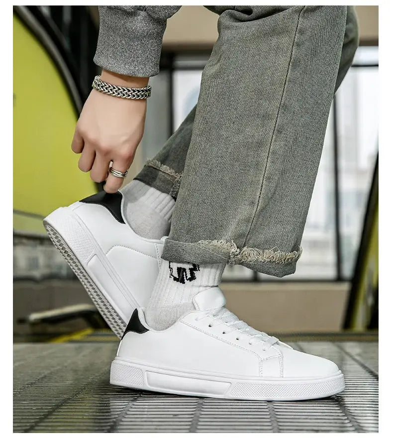 Men's PU Leather Sneakers by Simples Market, white casual vulcanized shoes with black heel