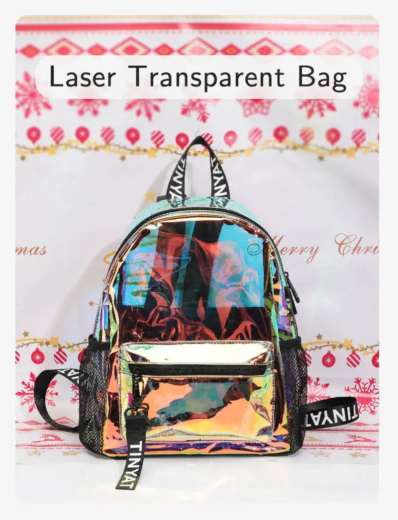 Tinyat PVC clear backpack for women, iridescent holographic finish with black straps, festival bag
