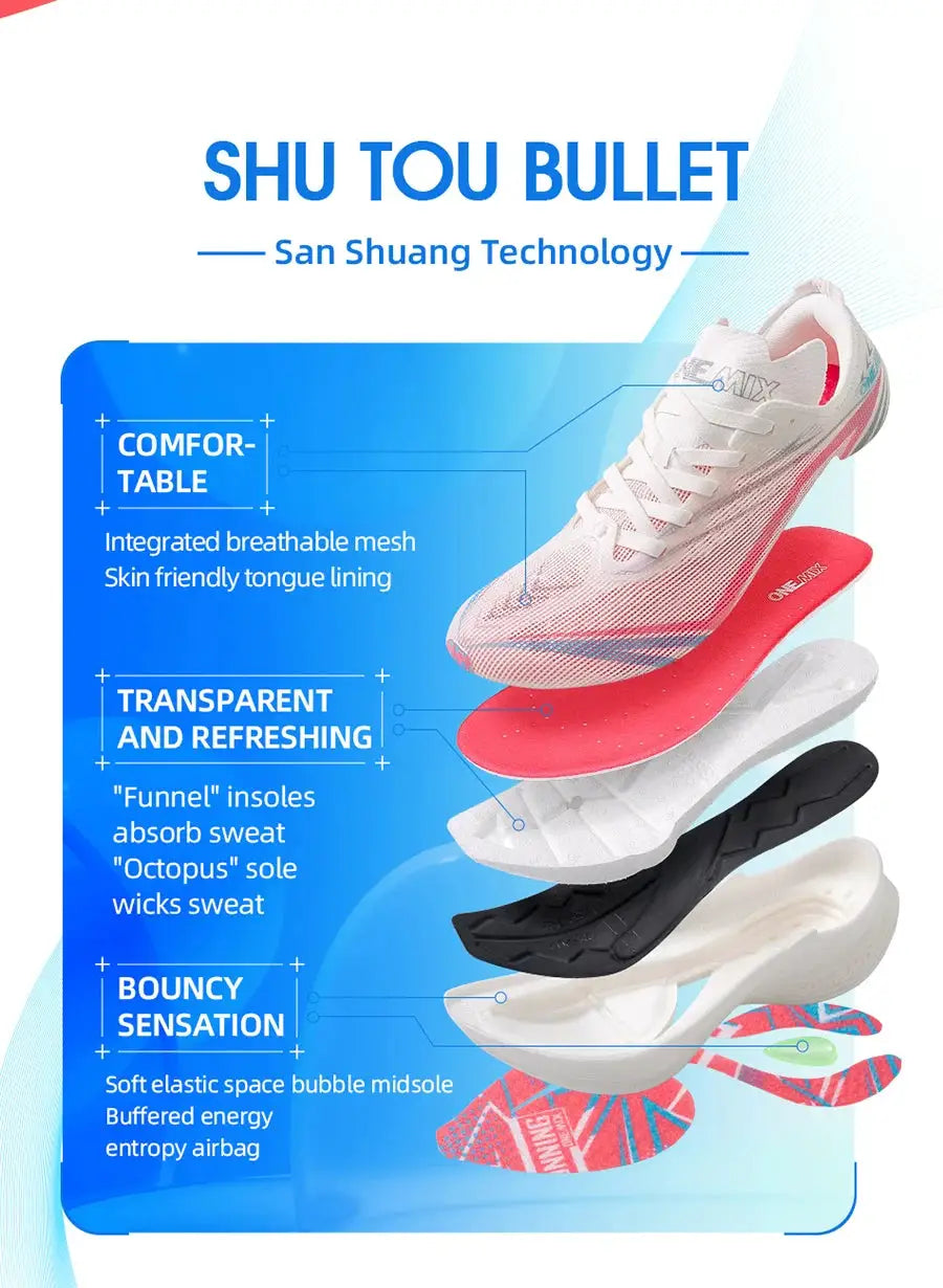 ONEMIX Marathon carbon plate running shoes for men by Simples Market; white upper with pink accents and layered sole.