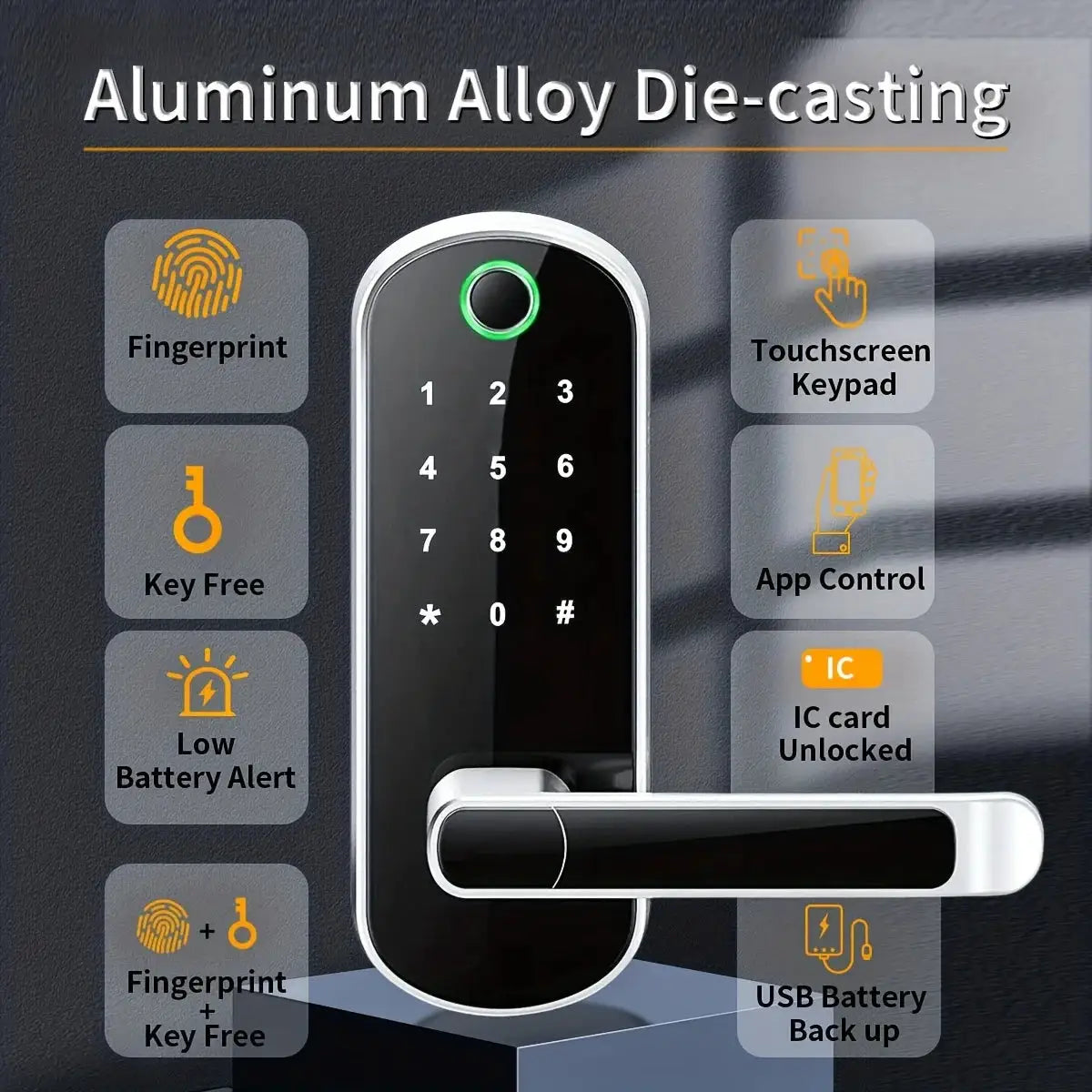 Smart Fingerprint Door Lock With App Control, Keyless Entry, WiFi, NFC, Touchscreen, IP67 Waterproof, 2 IC Cards