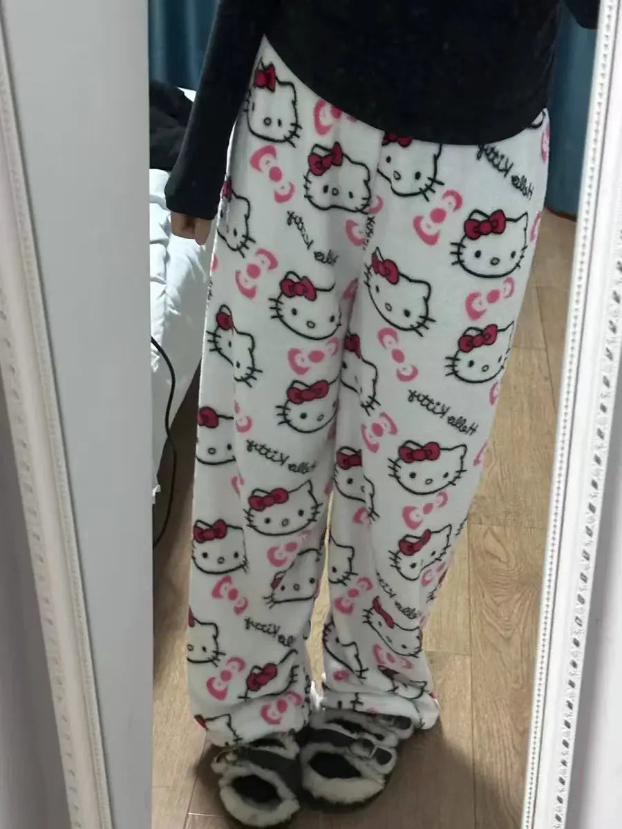Hello Kitty Pajama Pants For Women Cozy Winter Ankle Length Sleepwear With Anime Cartoon Print
