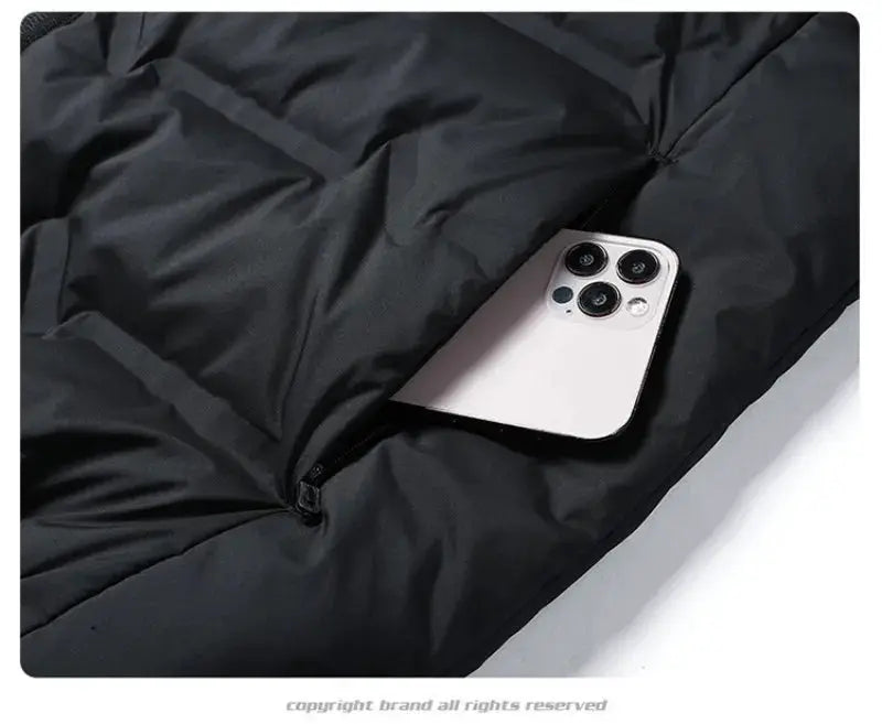 Black men's duck-down jacket with zip pocket; phone visible in pocket