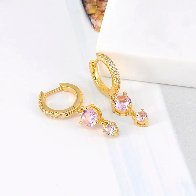 Pair of gold-tone hoop earrings with pink zircon drops and crystal pavé accents, Simples Market