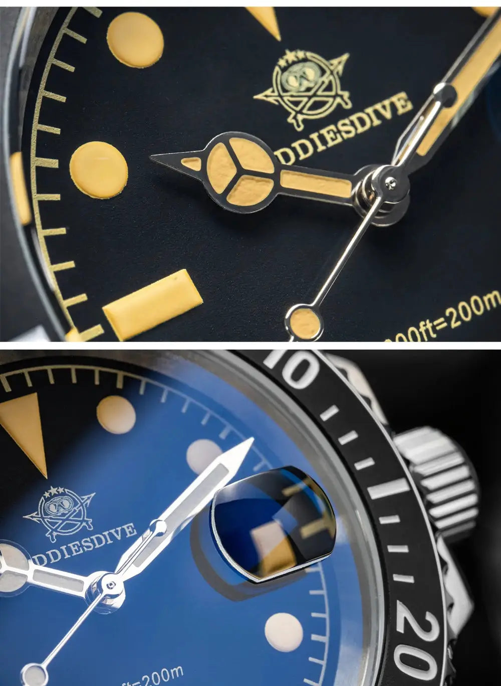 ADDIESDIVE 41mm men's quartz dive watch; black dial with gold markers and luminous hands, blue dial view with cyclops.