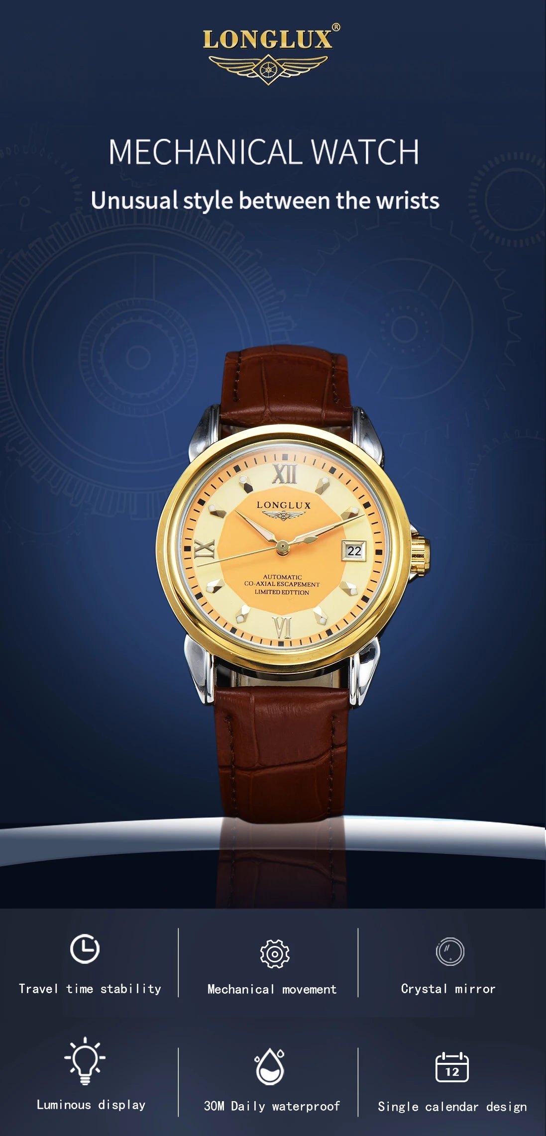 Men's Longlux automatic mechanical watch with brown leather strap and gold bezel, date window