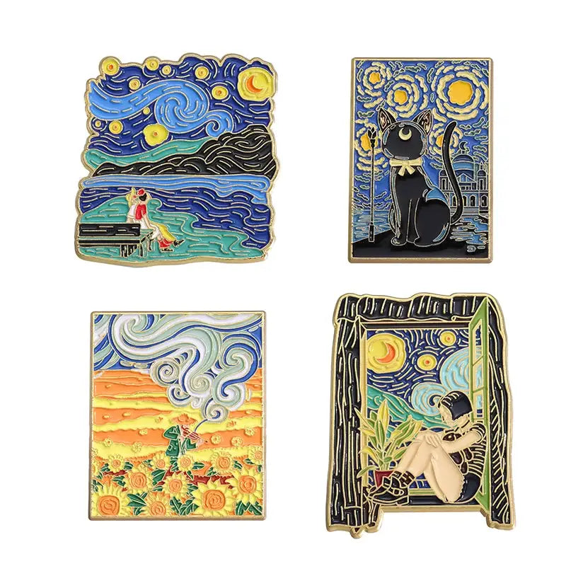 Enamel Pins Set Three To Five Pieces Tarot Cards Night Sky Black Cat Brooch Lapel Pin Punk Gothic Jewelry Gift