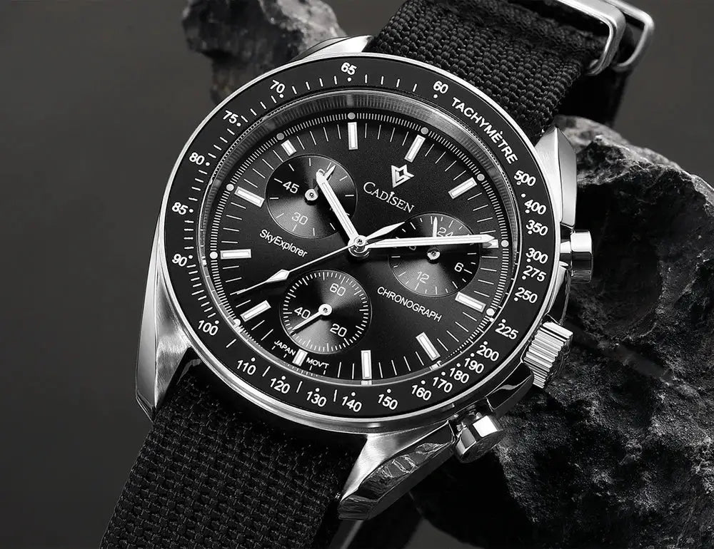 CADISEN men's chronograph watch with black dial, tachymeter bezel, three-subdial display, stainless steel case