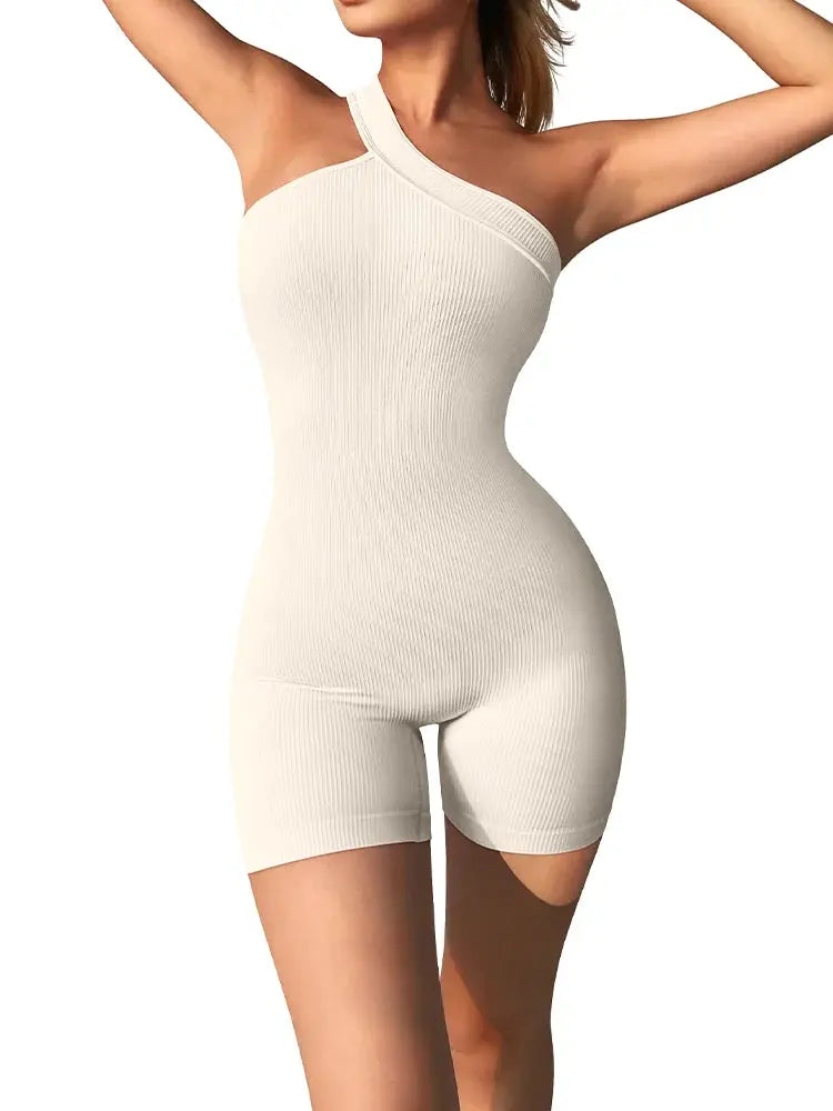 Simples Market ribbed cream one-shoulder yoga romper, a one-piece jumpsuit with shorts length.