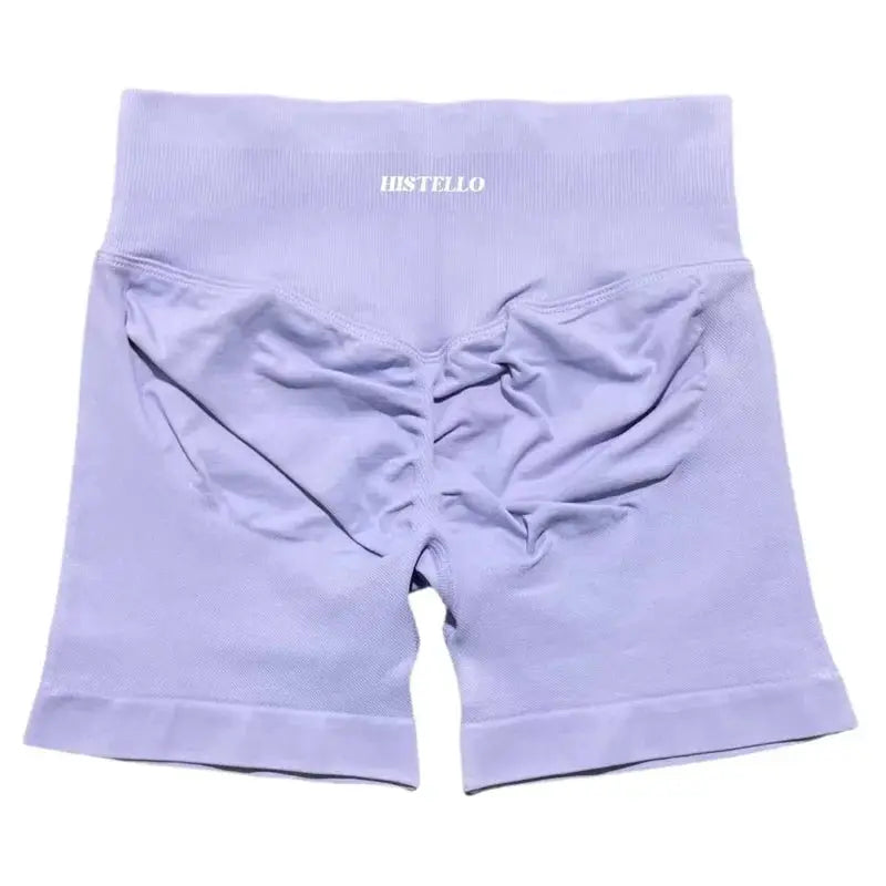 HISTELLO lavender sports shorts, low-waist seamless scrunch, breathable stretch fabric
