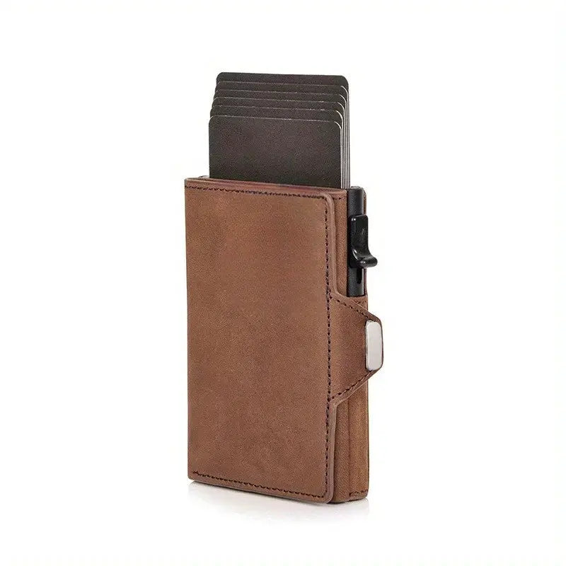 Pop-Up RFID genuine leather card wallet by Simples Market in brown with compartment for notes and coins