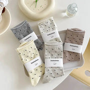 Vintage Cream Curled Edge Polka Dot Mid Tube Socks for Women Spring Summer Artistic Socks