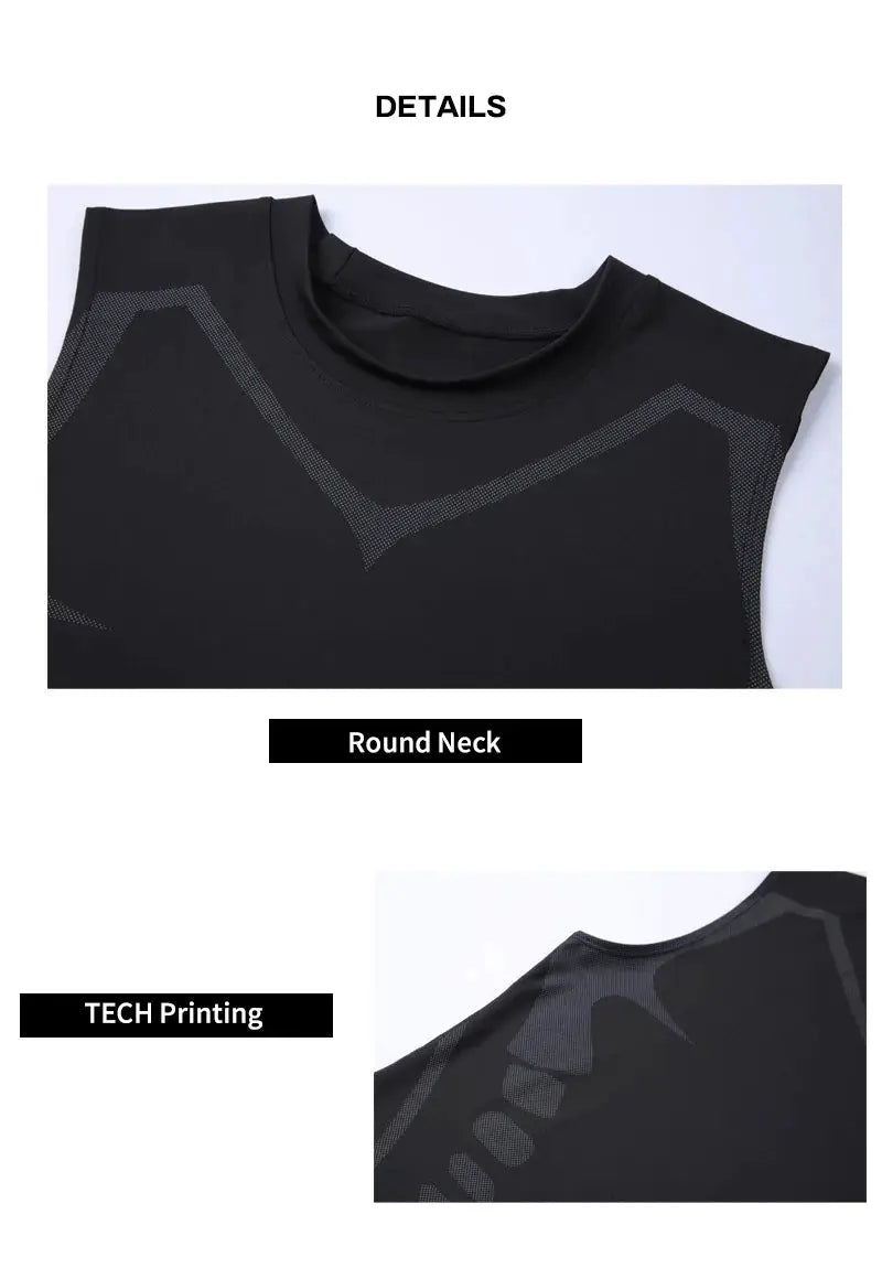 Men's compression tank top, black sleeveless quick-dry fabric with round neck and grey tech-print pattern