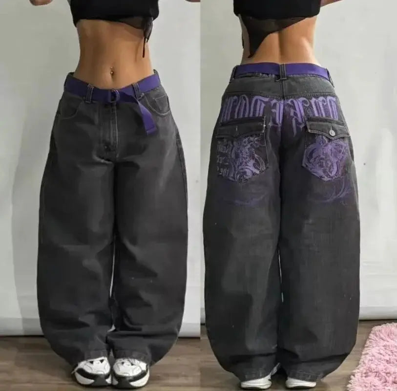 Simples Market men's oversized baggy jeans with purple printed pattern in dark gray denim, high waist, wide-leg.