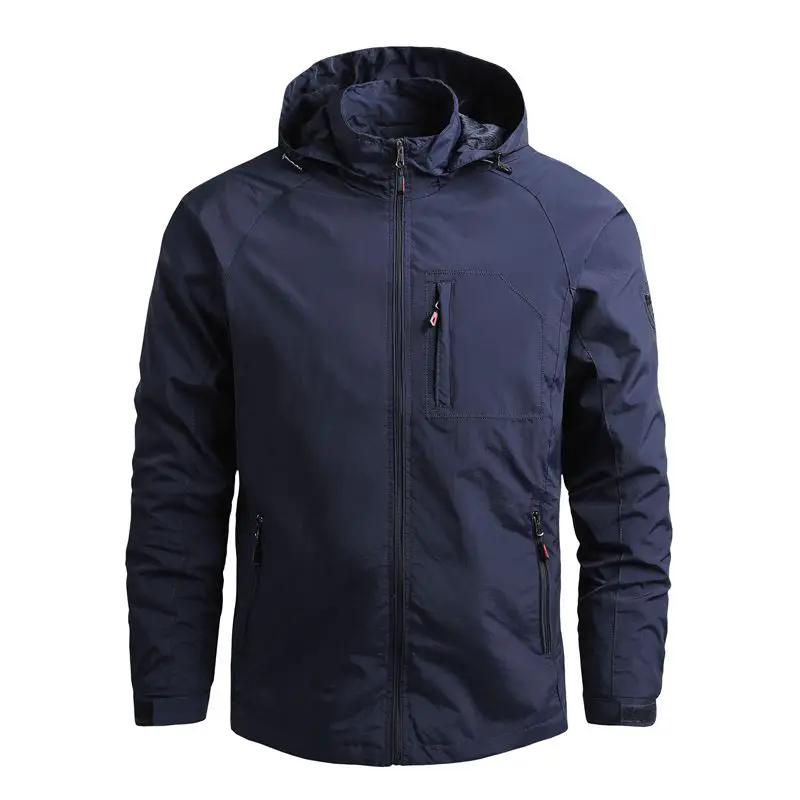 Simples Market men's outdoor waterproof jacket, navy blue windbreaker with hood, zip front and pockets