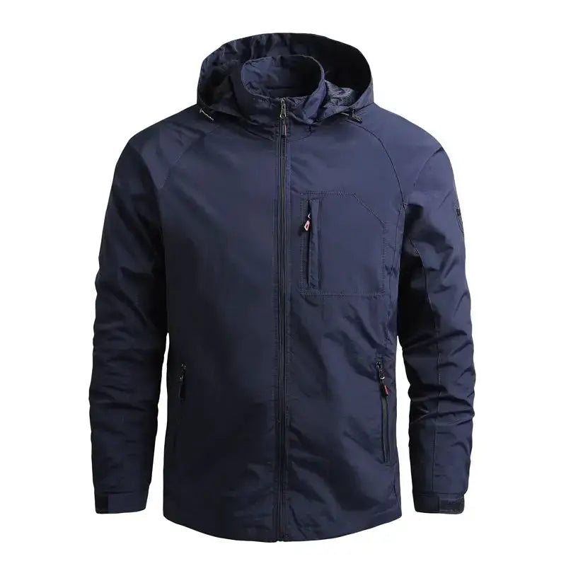 Men's waterproof outdoor jacket by Simples Market, navy windbreaker with hood and zip pockets